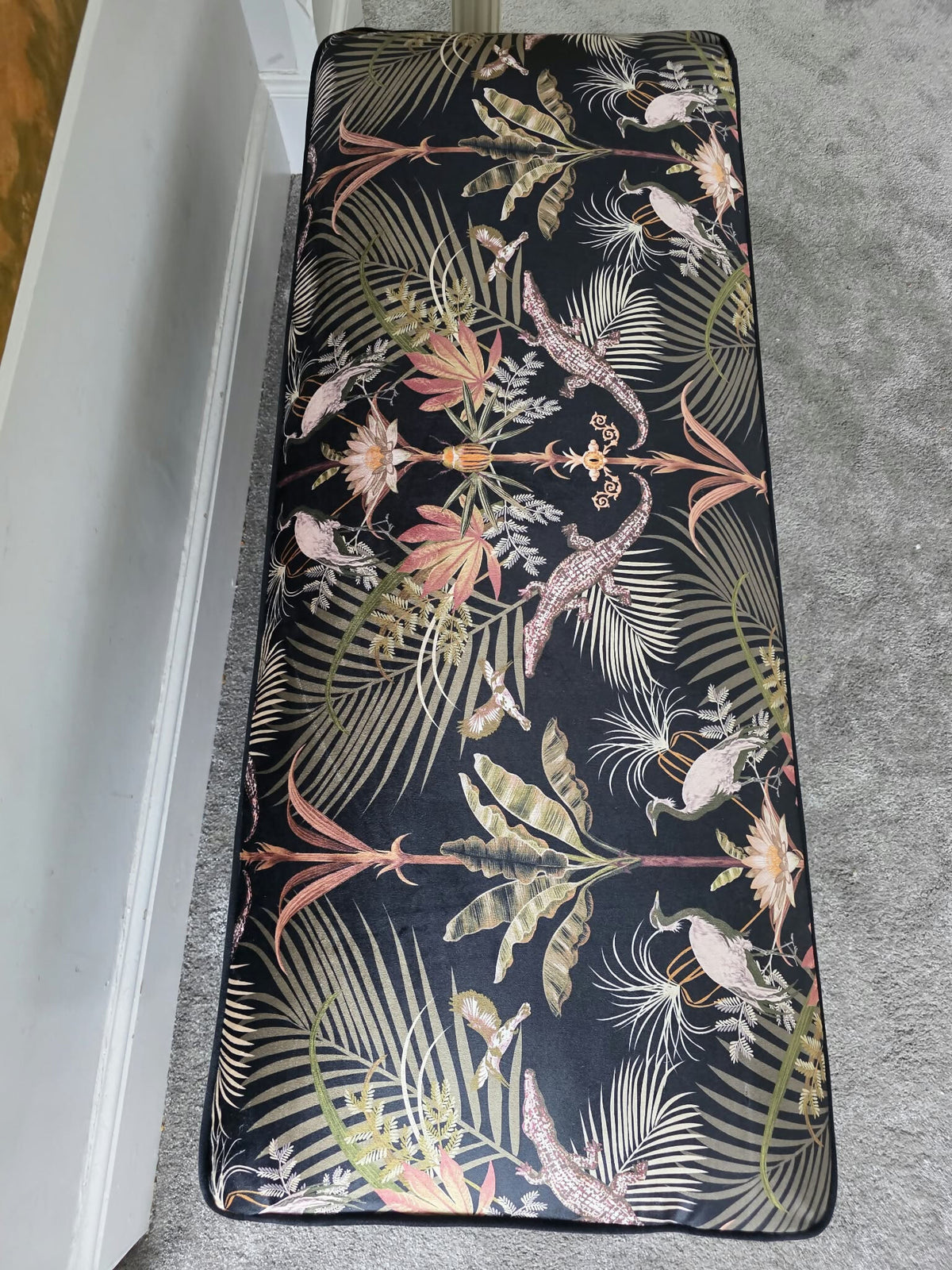 Ottoman, Long Sturdy Footstool Restored & Upholstered in Becca Who 'Crocodilia'
