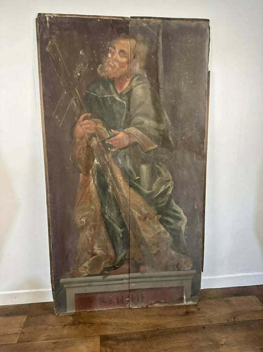 17/18th Century Polychrome Painted Pine Ecclesiastical Panel Depicting St Jude