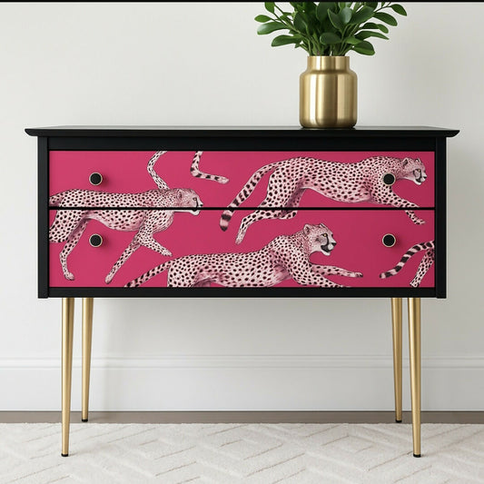 Hand Painted Vintage Mid-Century Modern Chest of Drawers: Black and Hot Pink Cheetah design