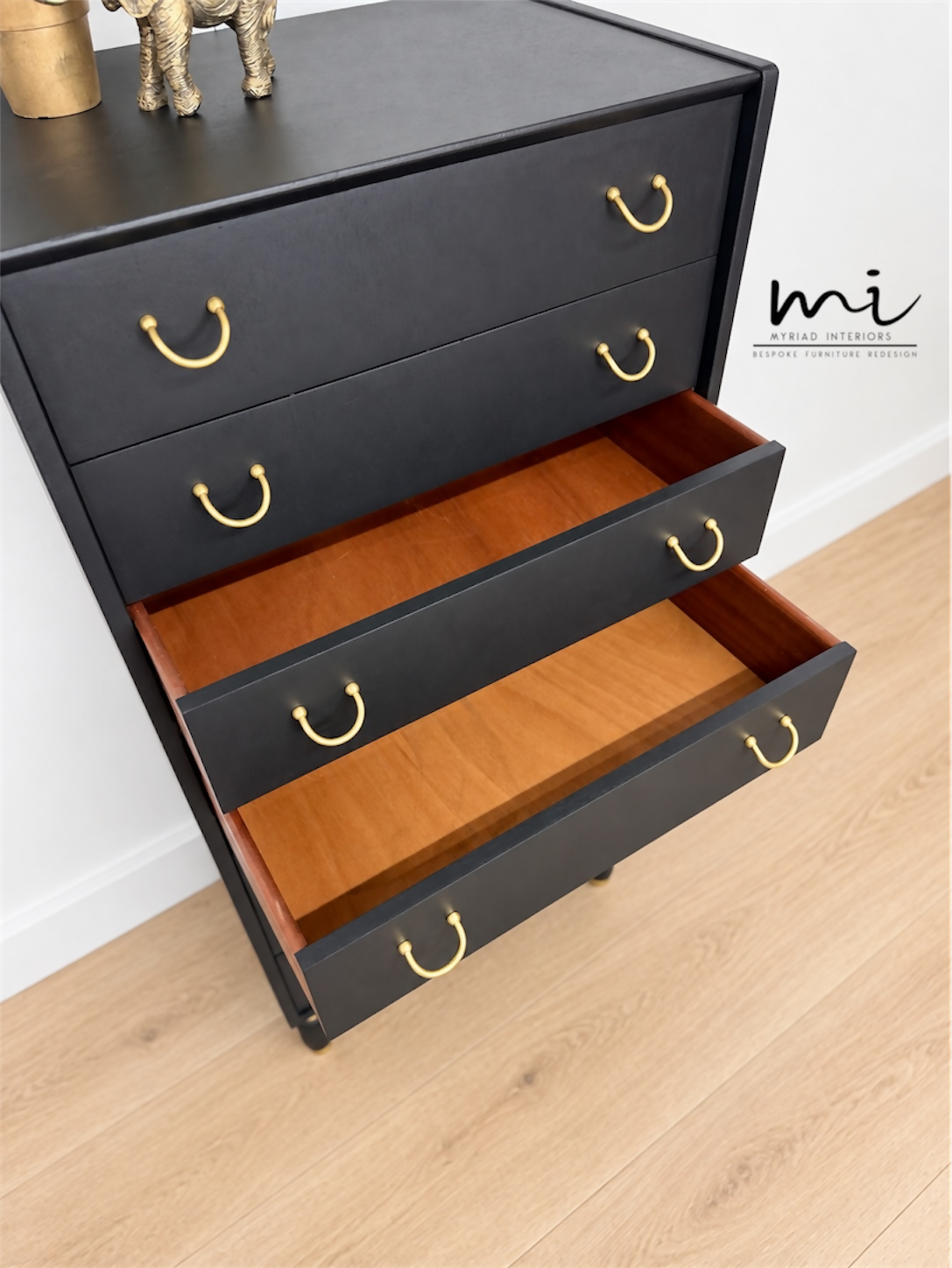 Refurbished Matte Black G Plan E Gomme tallboy chest of drawers, dresser, bedroom furniture, sideboard, brass, mid century modern, Vintage