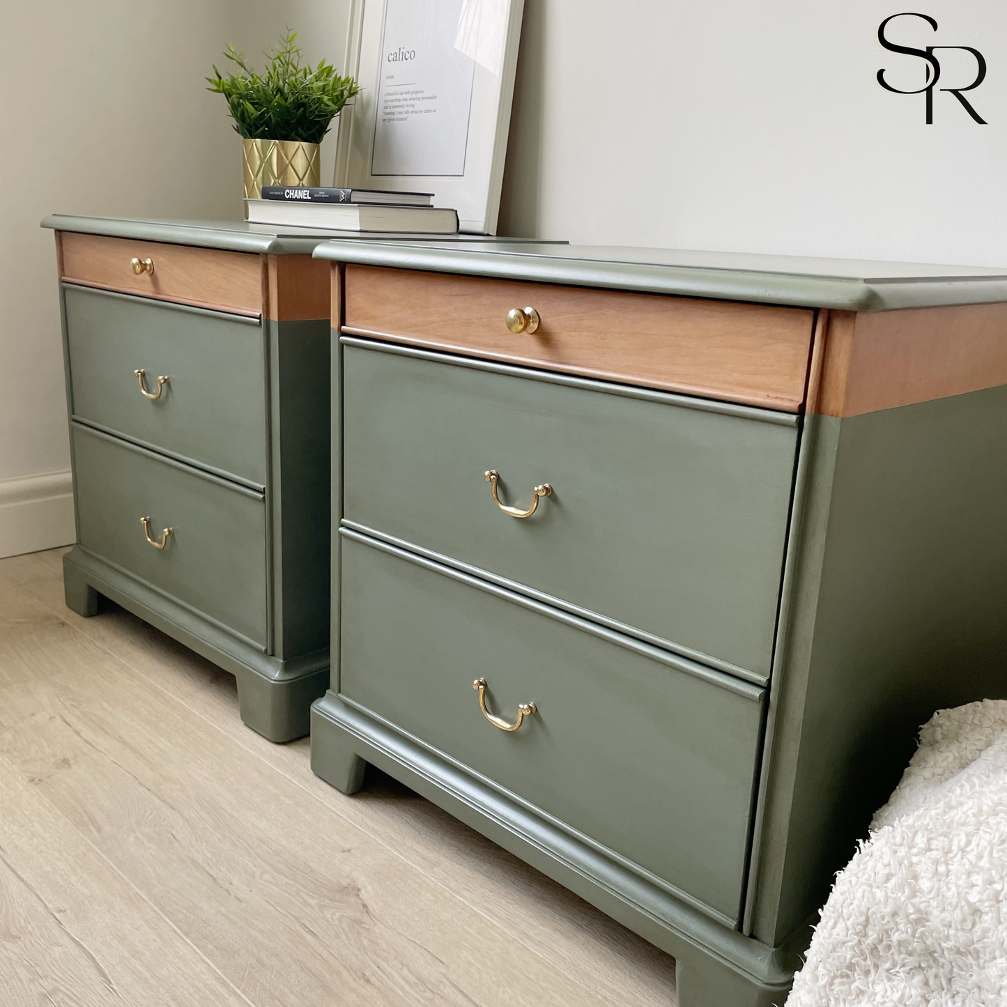 Pair of Hand-Painted Green Stag Bedside Tables | Vintage Wooden Cabinets | Professionally Restored Furniture