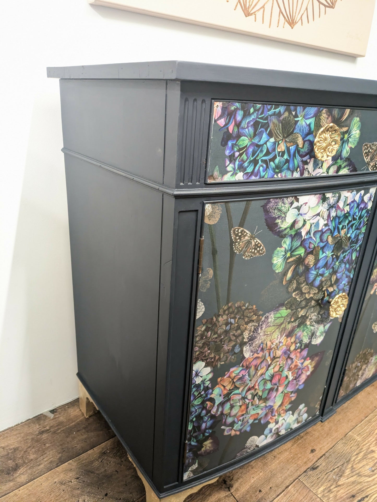 Vintage Curved Mahogany Sideboard Painted in Navy with Flower Butterfly Hydrangea Print