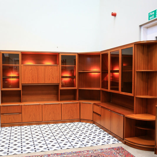 Teak Mid Century Wall Units by Morris of Glasgow. 1970s Display Drinks Cabinet