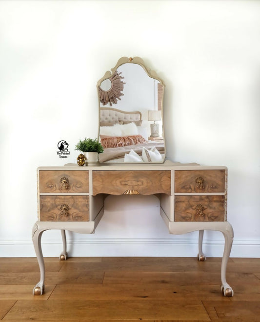 Vintage Taupe Dressing Table with Mirror and Queen Anne legs