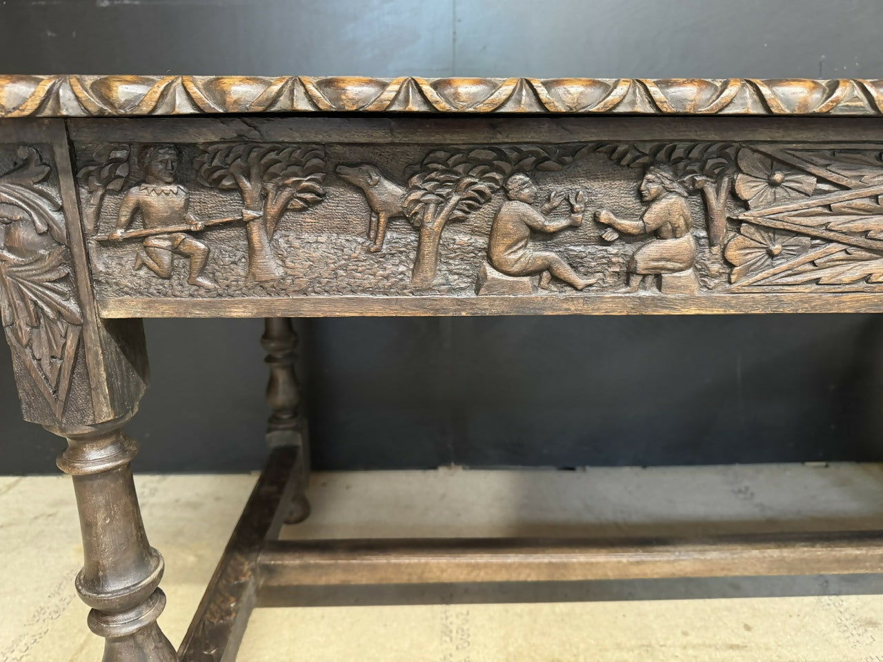 19th Century Carved Oak Table having drawers