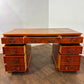 Reproduction Yew Wood Pedestal Desk with Brown Leather Inset