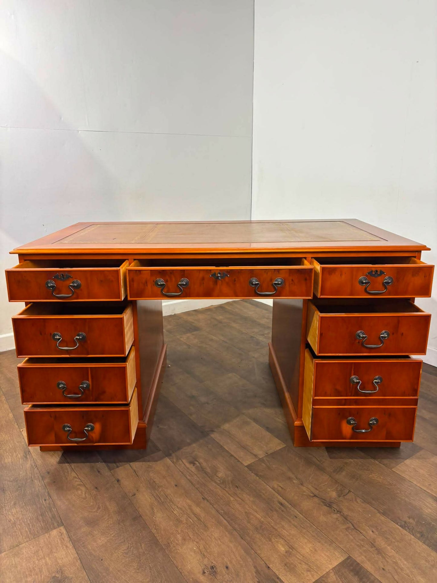 Reproduction Yew Wood Pedestal Desk with Brown Leather Inset