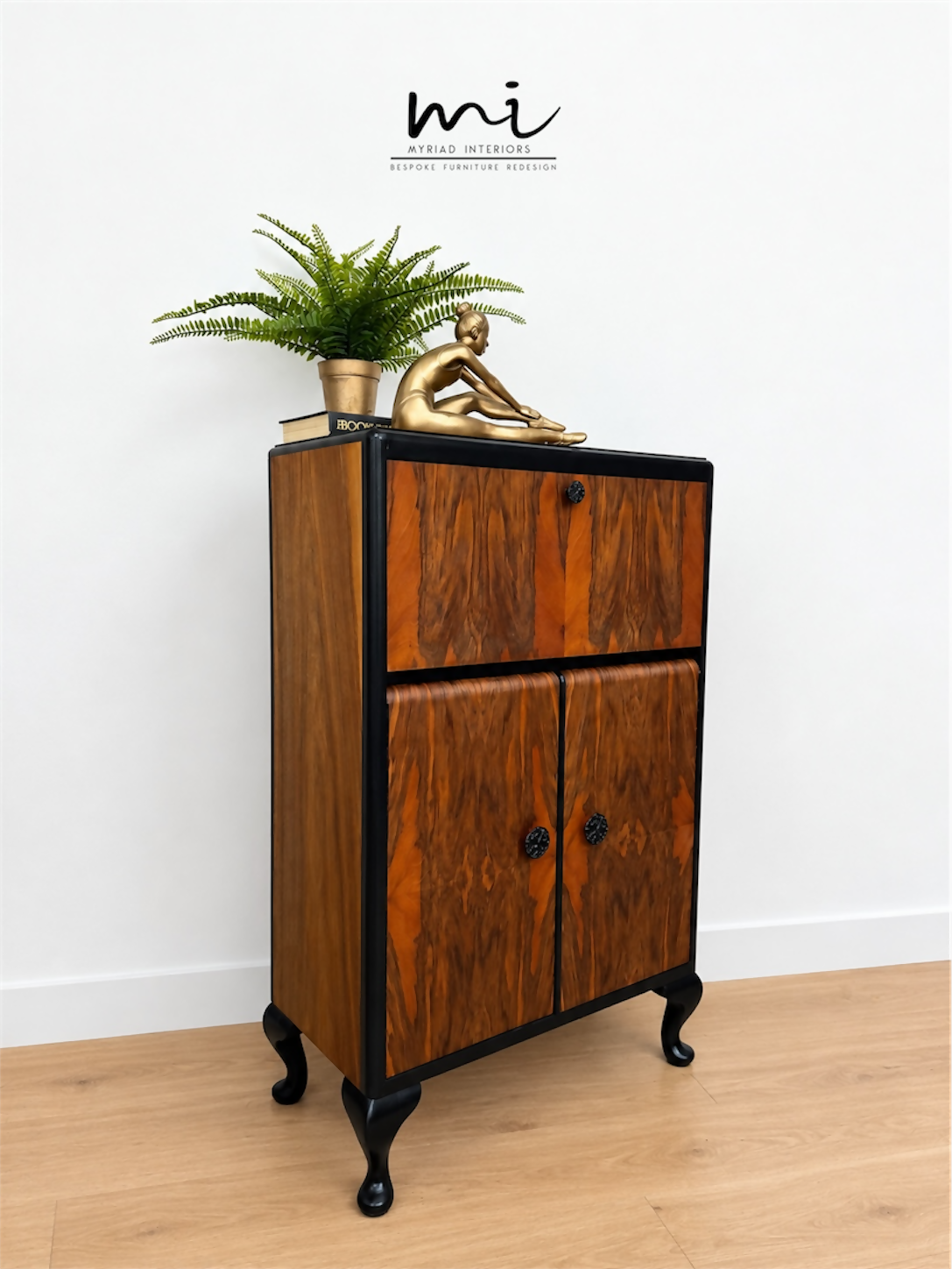 Refurbished Petit Art Deco Burl Walnut Cocktail Cabinet, black and gold drinks cabinet