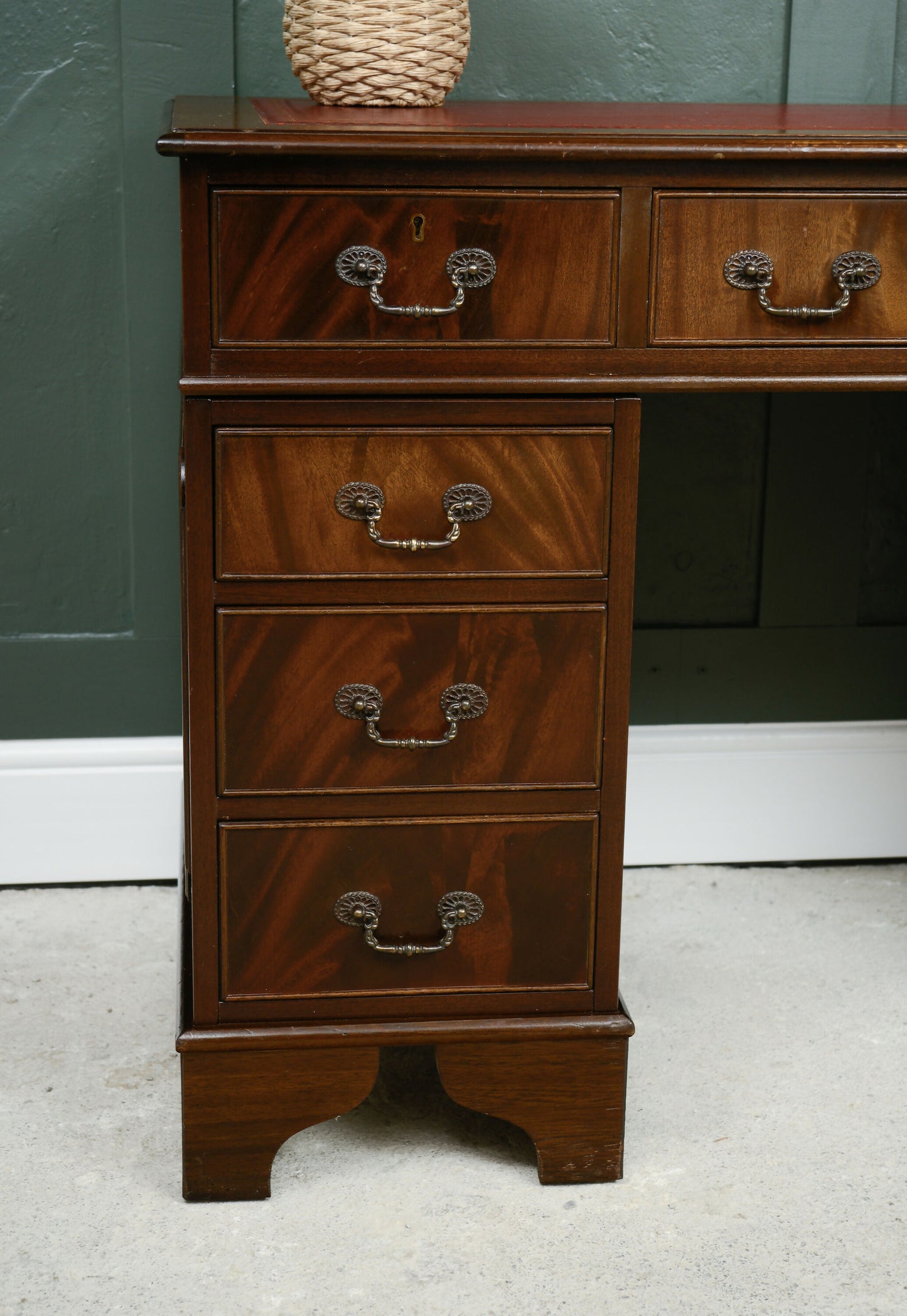 Antique Style Mahogany Pedestal Desk with Red Leather Top