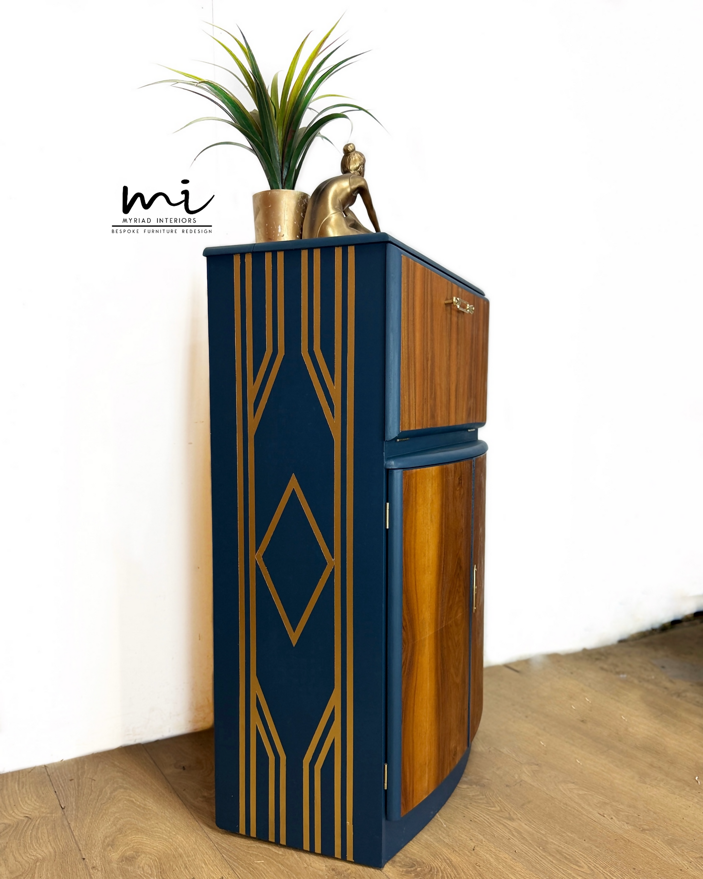 SOLD commissions available Navy Blue and Gold Art Deco Walnut Drinks Cabinet, cocktail cabinet, bar, sideboard, refurbished