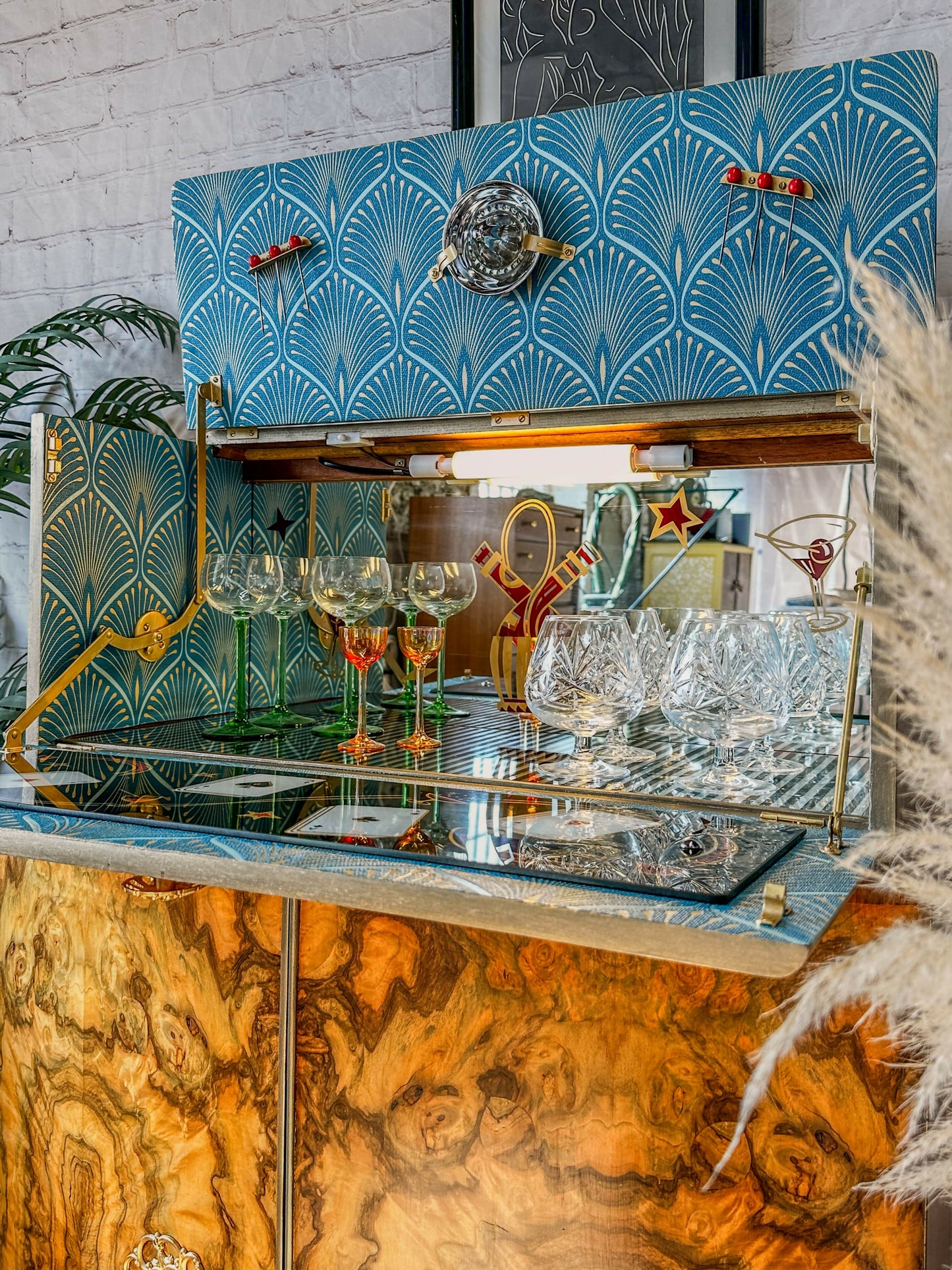 Cocktail Cabinet, Vintage Drinks Bar, Teal and Gold, Art Deco, 1950’s Drinks Unit, Retro Bar, Walnut MADE TO ORDER