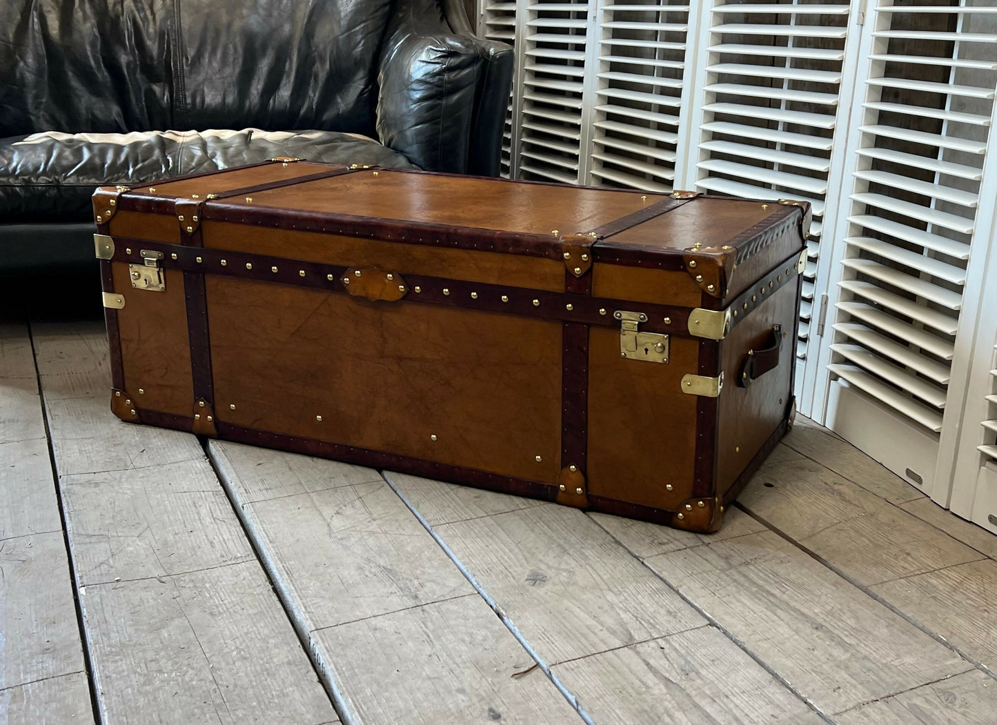 Luxury Handmade Tan Leather Coffee Table Trunk bespoke order for bridle