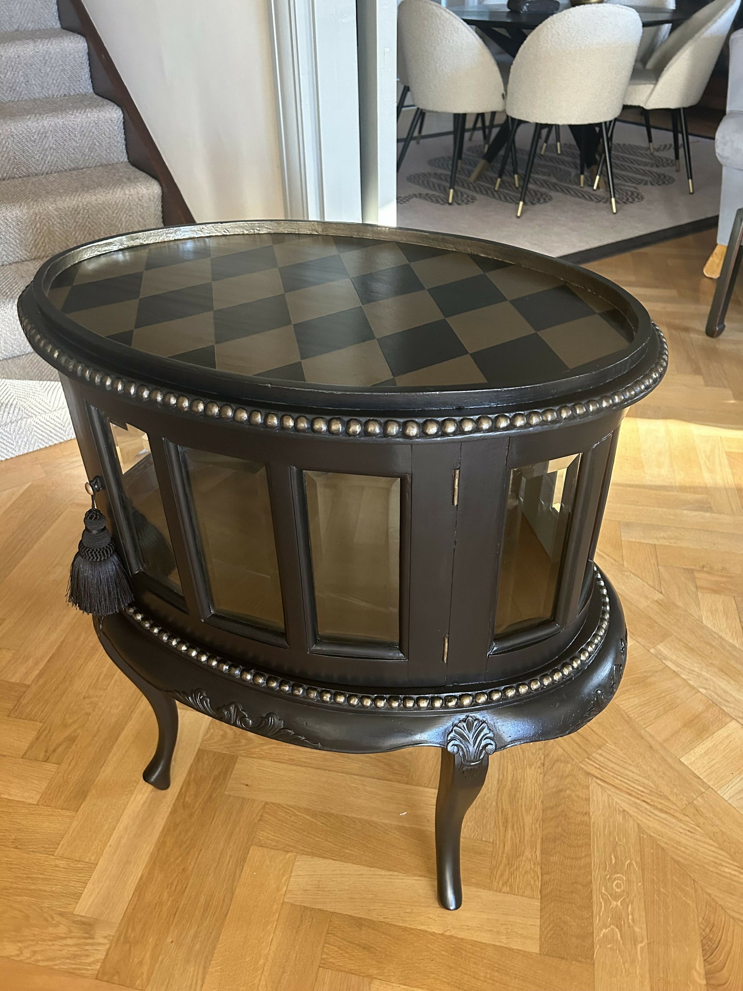 Drinks Cabinet. Handpainted, small oval glazed cabinet. Black/Gold