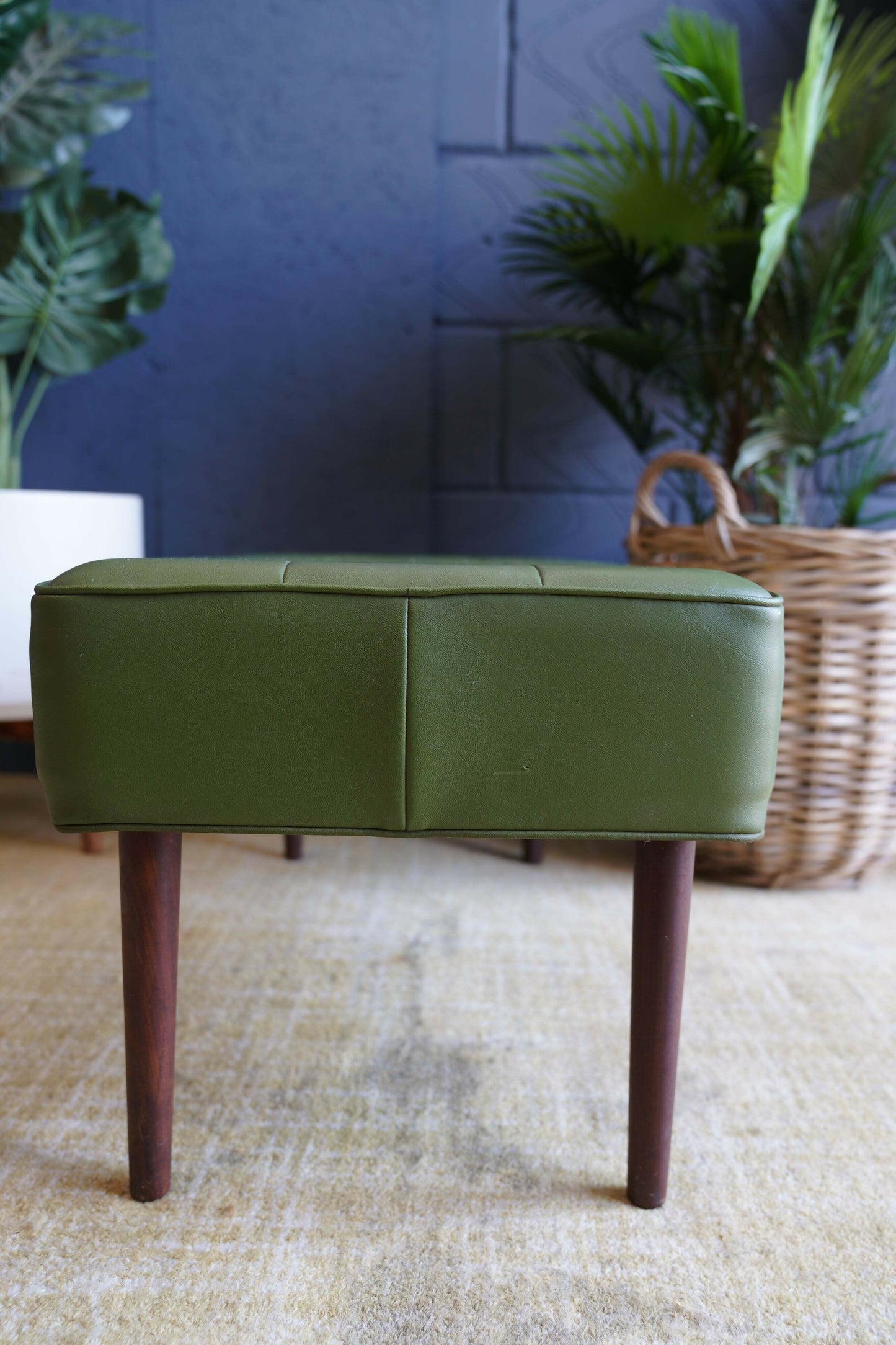 Mid Century Modern Olive Green Vinyl Bench Stool With Tapered Legs