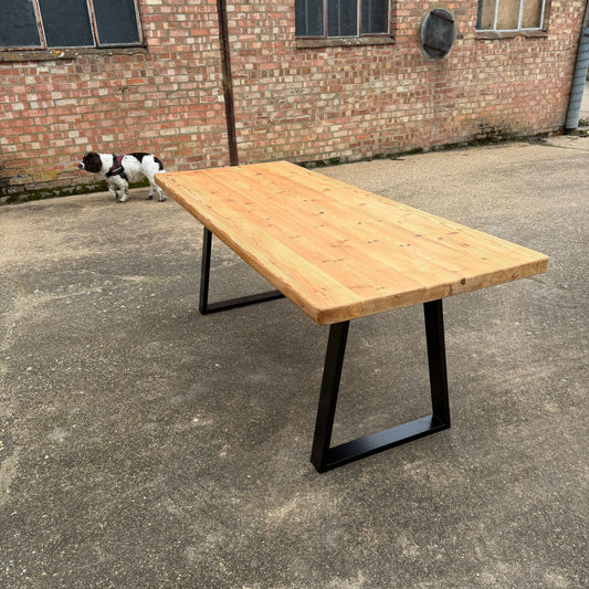 Reclaimed Pine Farmhouse Table Modern Trapezium Metal Industrial Legs Seat 6/8