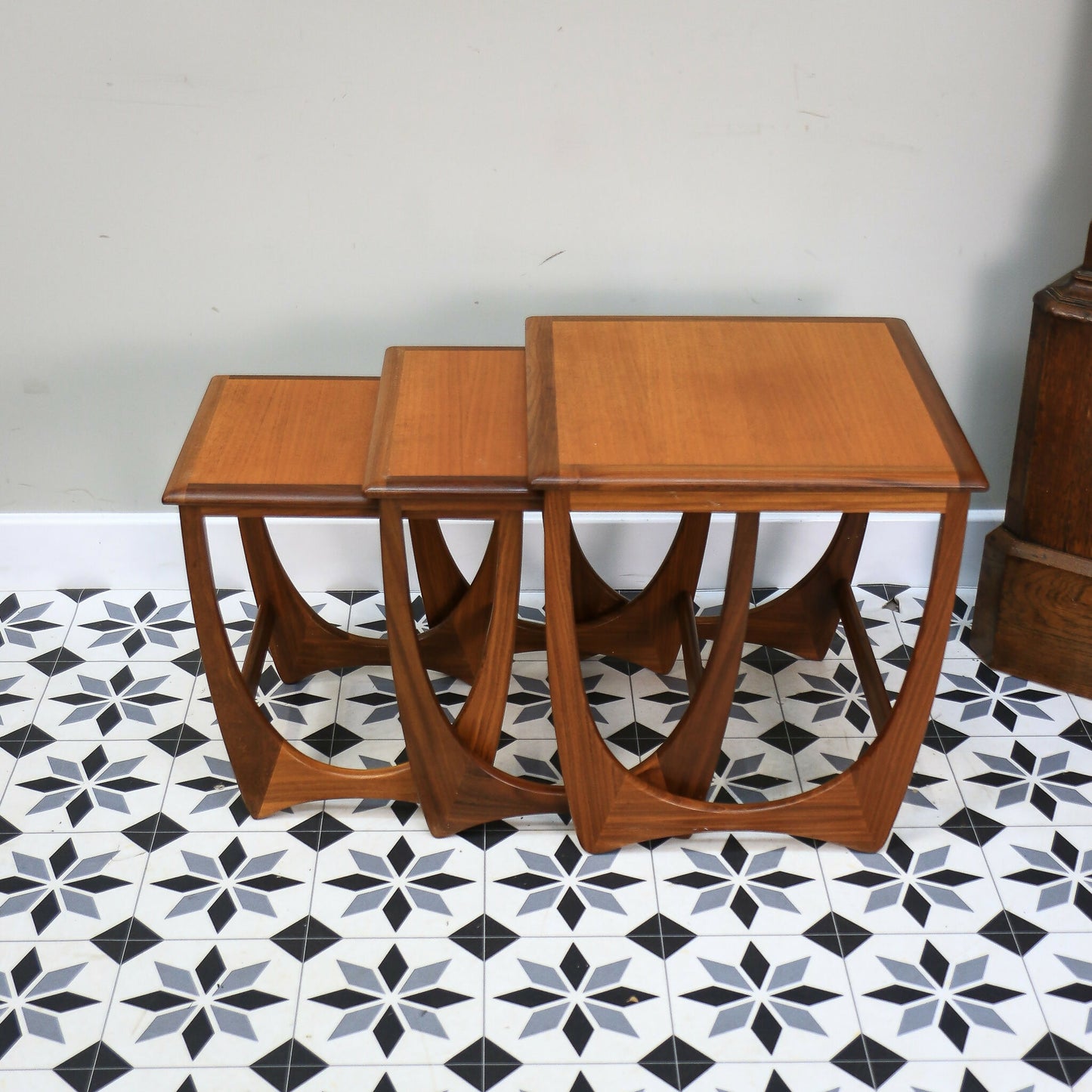 G Plan Nest of Three Tables Astro Design with Teak Tops and Afromosia Legs.
