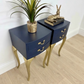 Vintage Navy Blue and Gold French Louis Style Bedside Tables, nightstands, Cabriole Legs