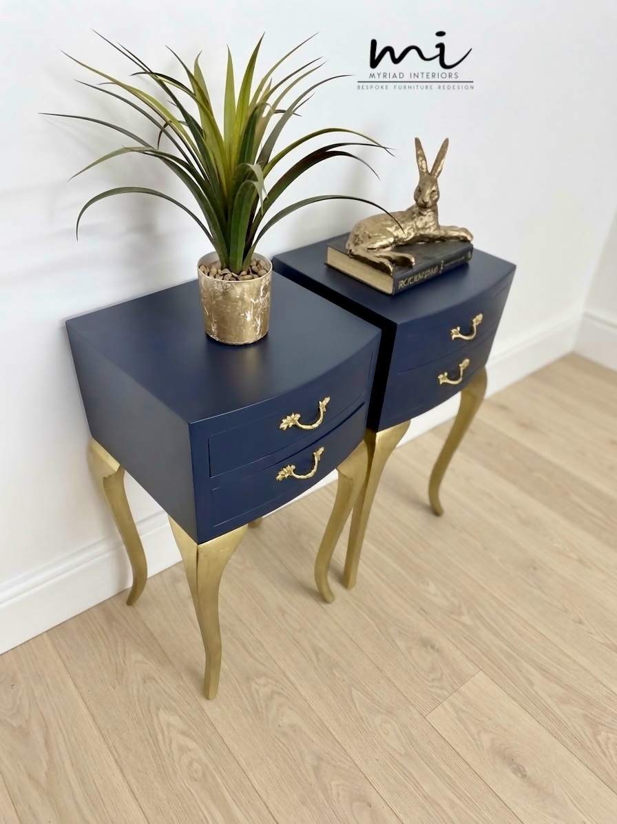 Vintage Navy Blue and Gold French Louis Style Bedside Tables, nightstands, Cabriole Legs