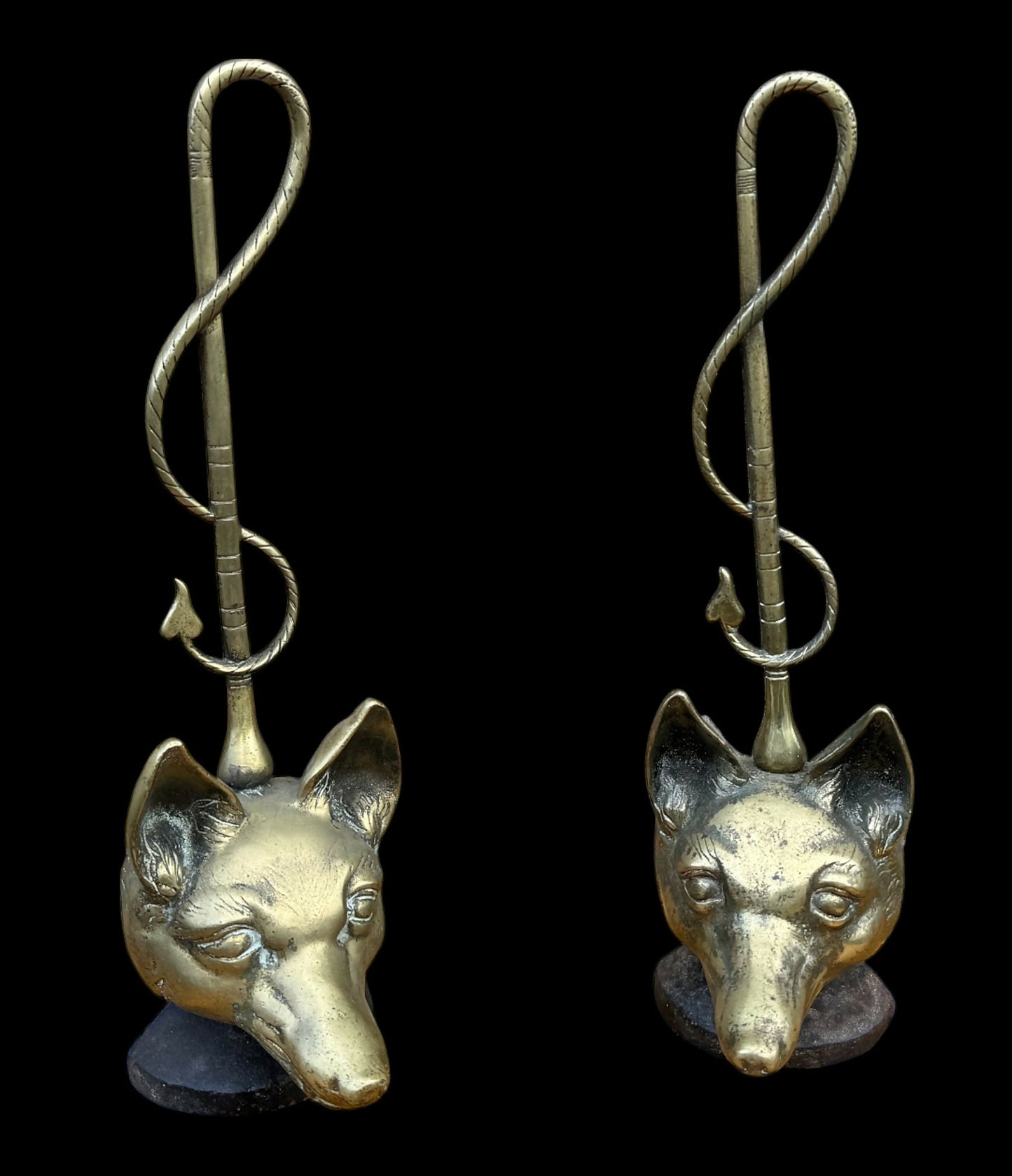 Pair of Antique Brass Fox Head Door Porters or Door Stops