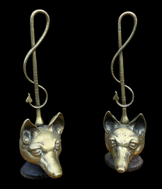 Pair of Antique Brass Fox Head Door Porters or Door Stops