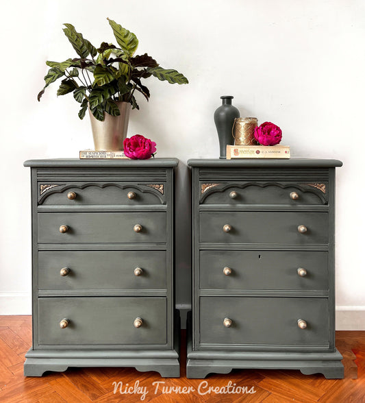 Matching Vintage Mahogany Bedside Tables Hand Painted in a Dark Green