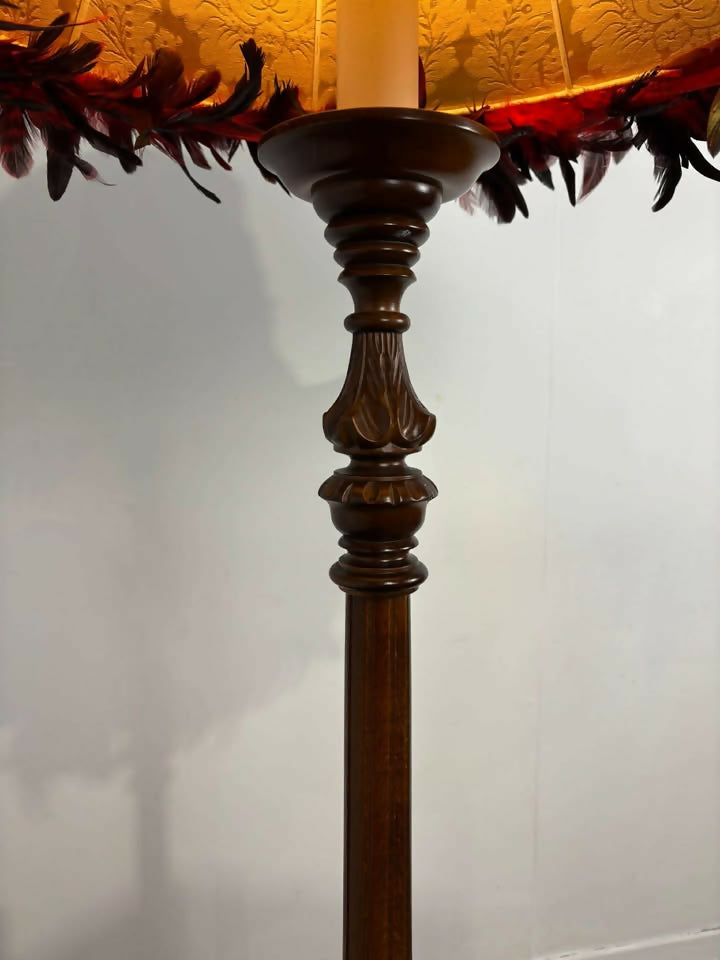 Vintage Carved Standard Lamp with Handmade Feather Shade