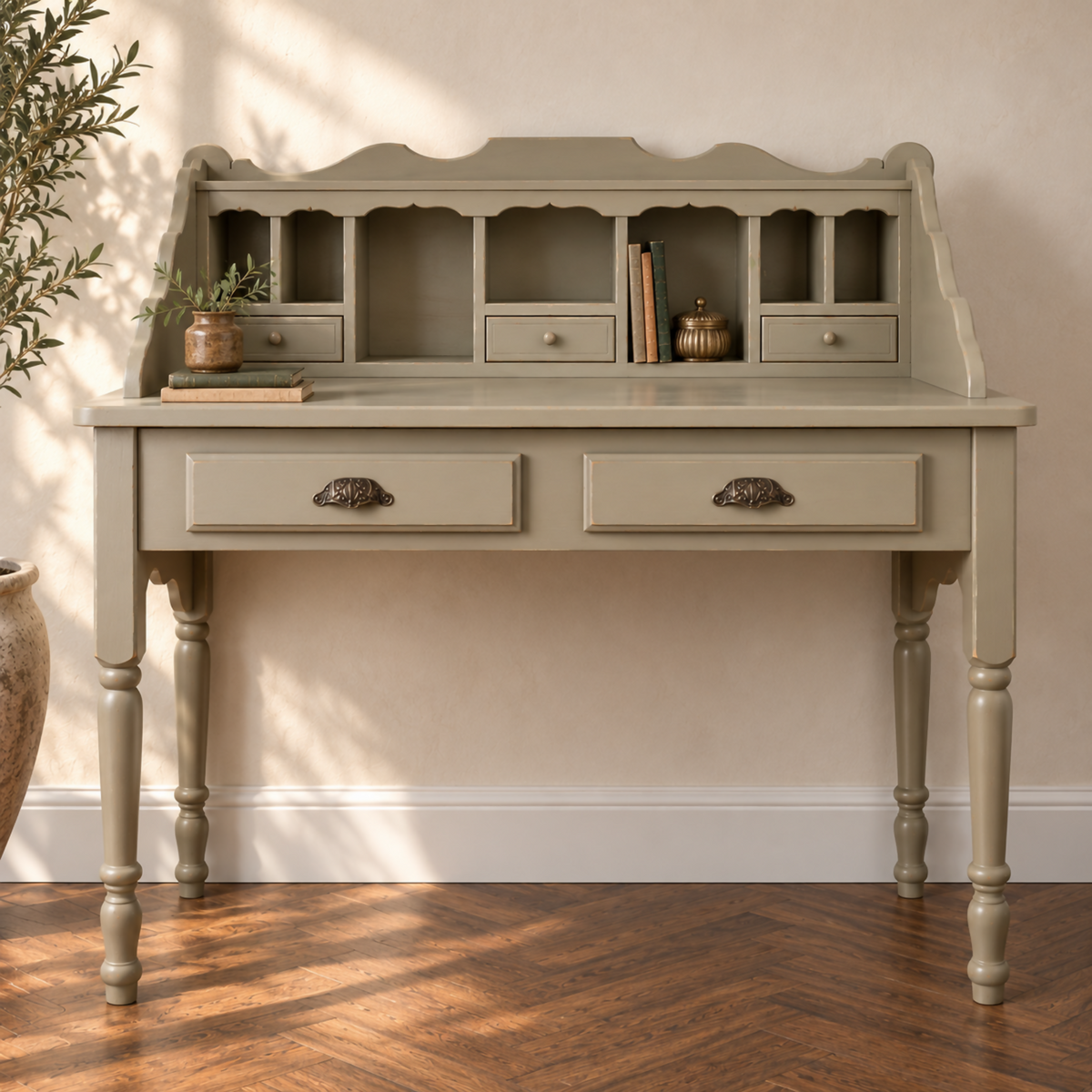 Upcycled French Country Writing Desk, Dried Sage Finish, Pigeonhole Storage