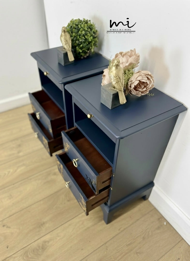 Rare refinished Stag Minstrel Tea Tray Bedside Tables in Navy Blue With Gold Floral Bird Design, Nightstands, vintage