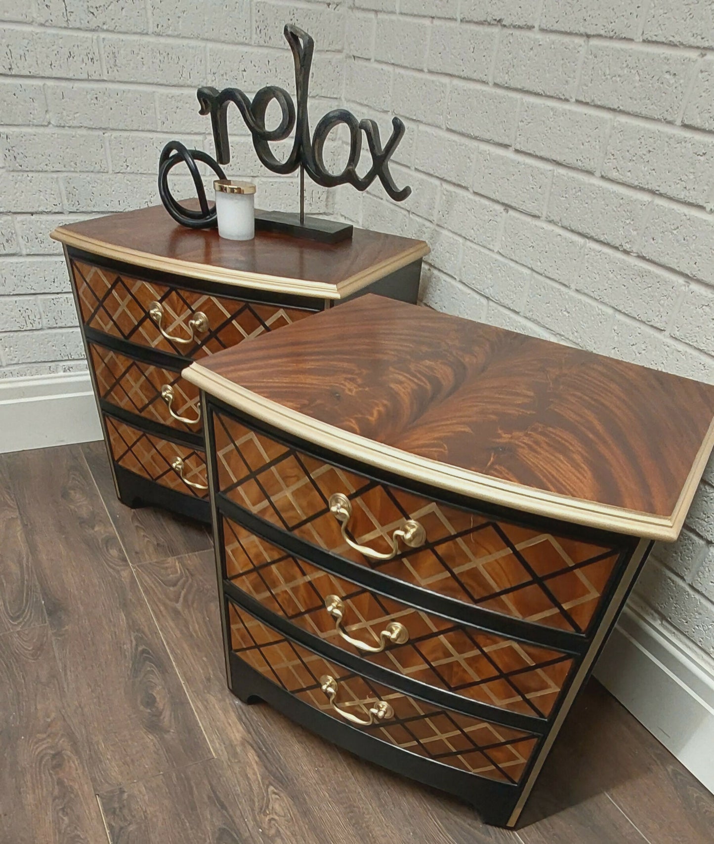 2 Black,Mahogany & Gold Bedside Drawer units