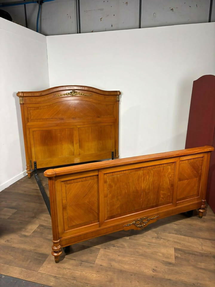 Early 20th French Style Walnut Veneered Bed Frame - 6ft Bed Frame With Gilt Metal