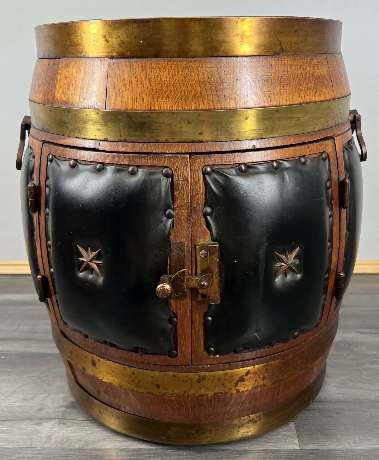 Drink Cabinet Vintage French Style Oak Brass Trim Barrel Carved Storage LOT 3900