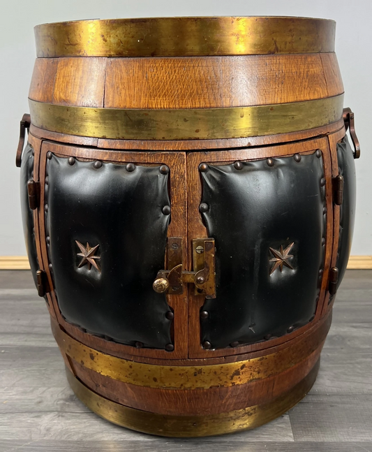 Drink Cabinet Vintage French Style Oak Brass Trim Barrel Carved Storage LOT 3900