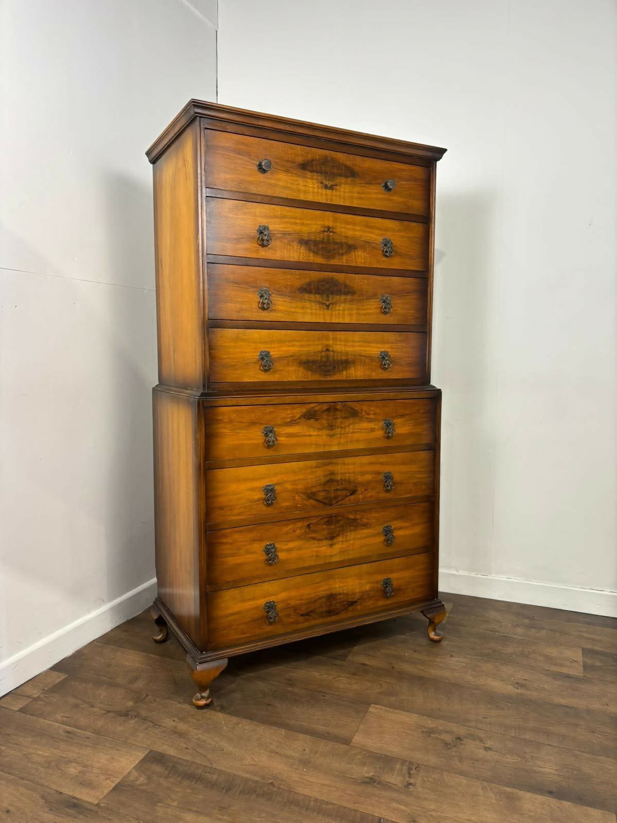 Vintage Walnut Chest On Chest – 8 Drawer Tallboy Chest
