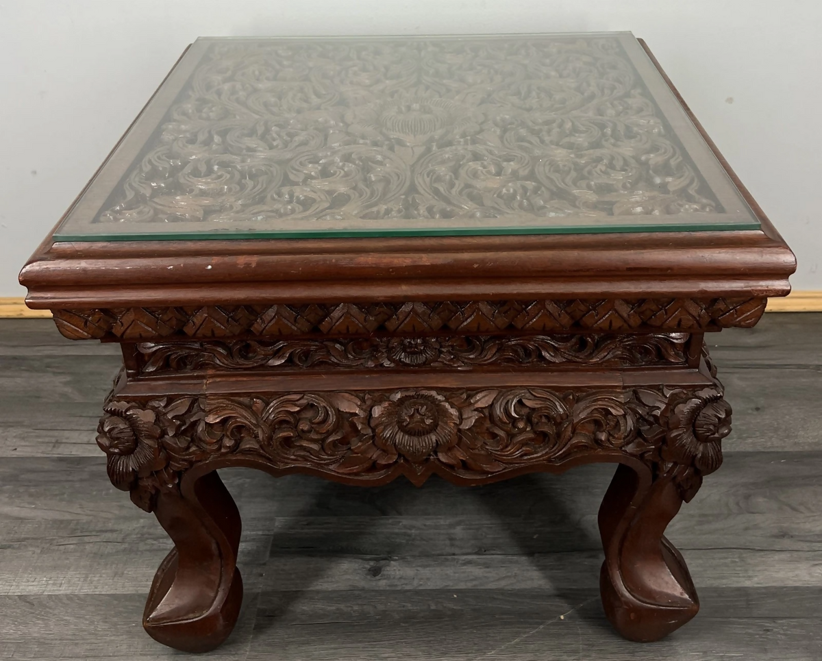 Plant Stand Chinese Mahogany Hand Carved Design Glass Top Coffee Table LOT 24327