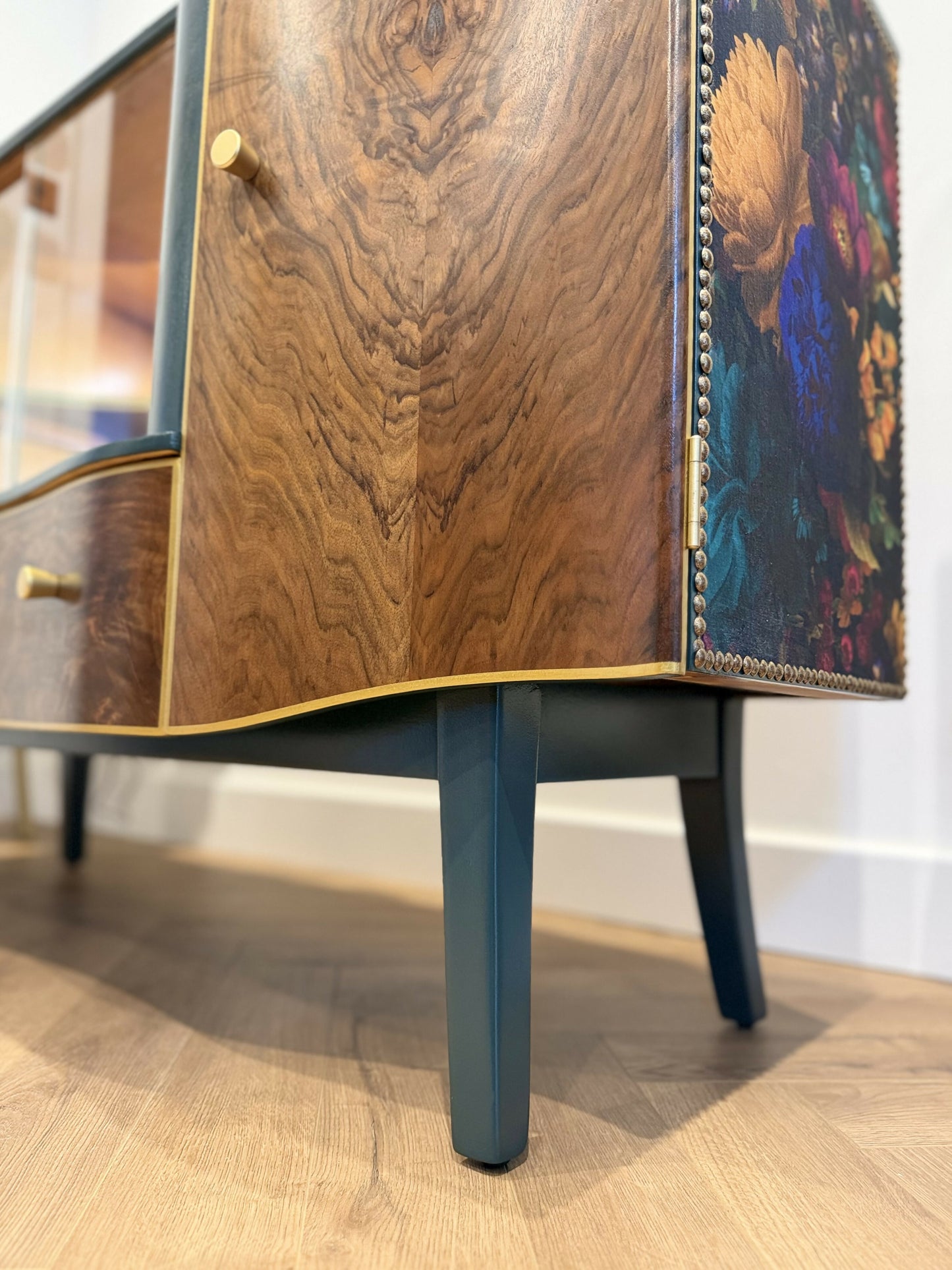 Luxury Unique Art Deco Sideboard with Drinks Cocktail Cabinet Section or TV Console | Refinished Hand Painted Vintage Green, Gold & Velvet | Black Leopard Interiors