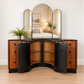 Refinished burl walnut and black Art Deco dressing table set with stool and mirror. Circa 1930 dresser, chest of drawers, art nouveau