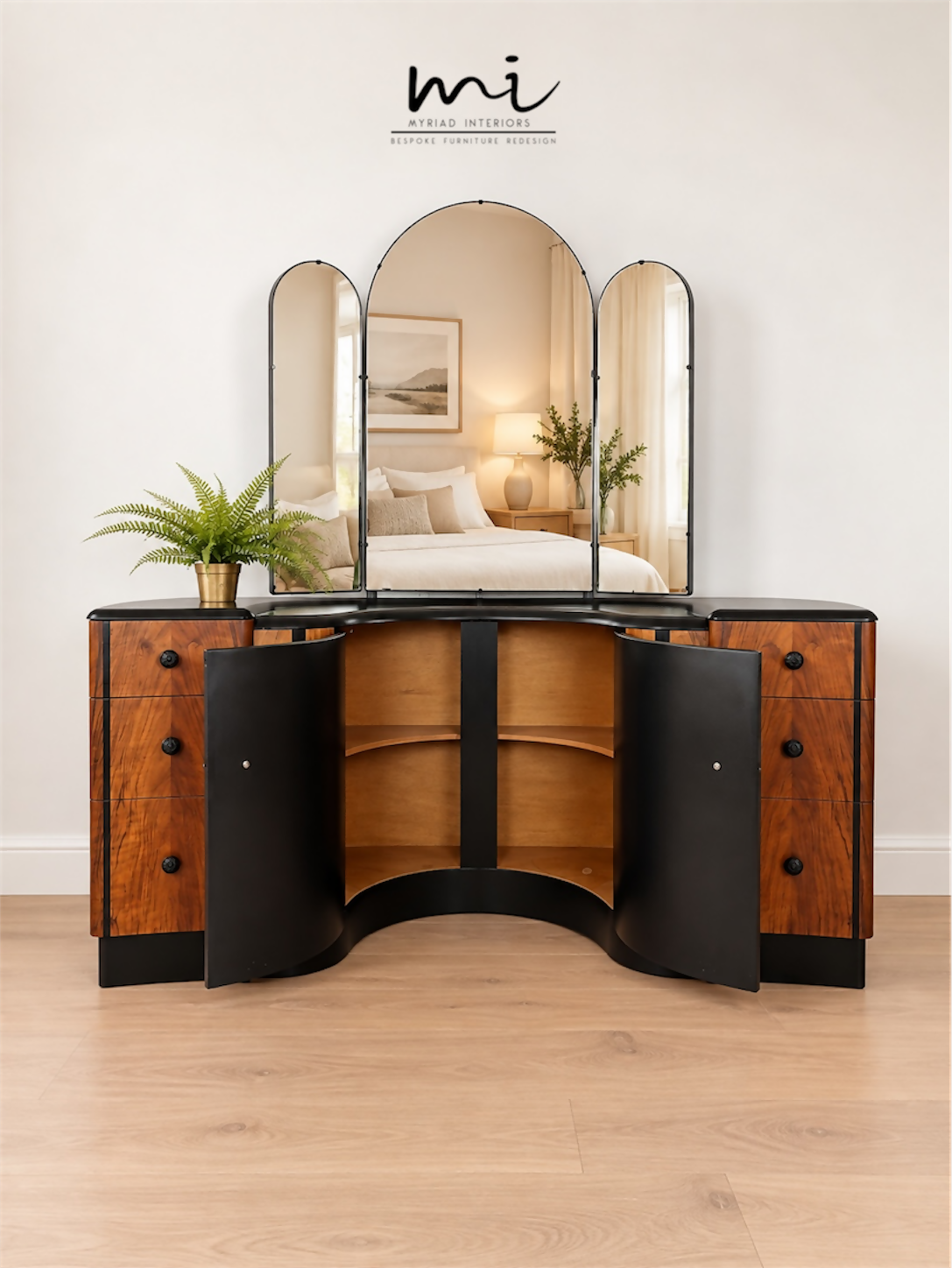 Refinished burl walnut and black Art Deco dressing table set with stool and mirror. Circa 1930 dresser, chest of drawers, art nouveau