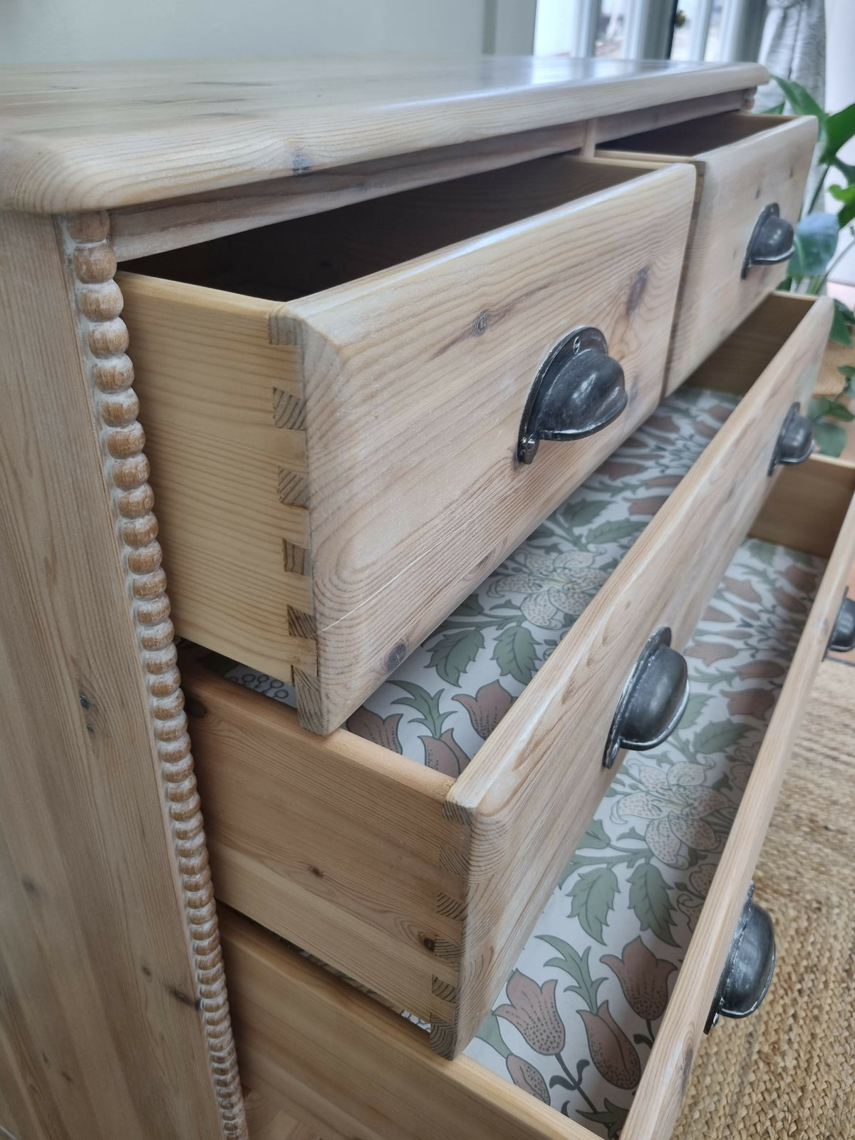 Rustic pine chest of drawers with bobbin detailing