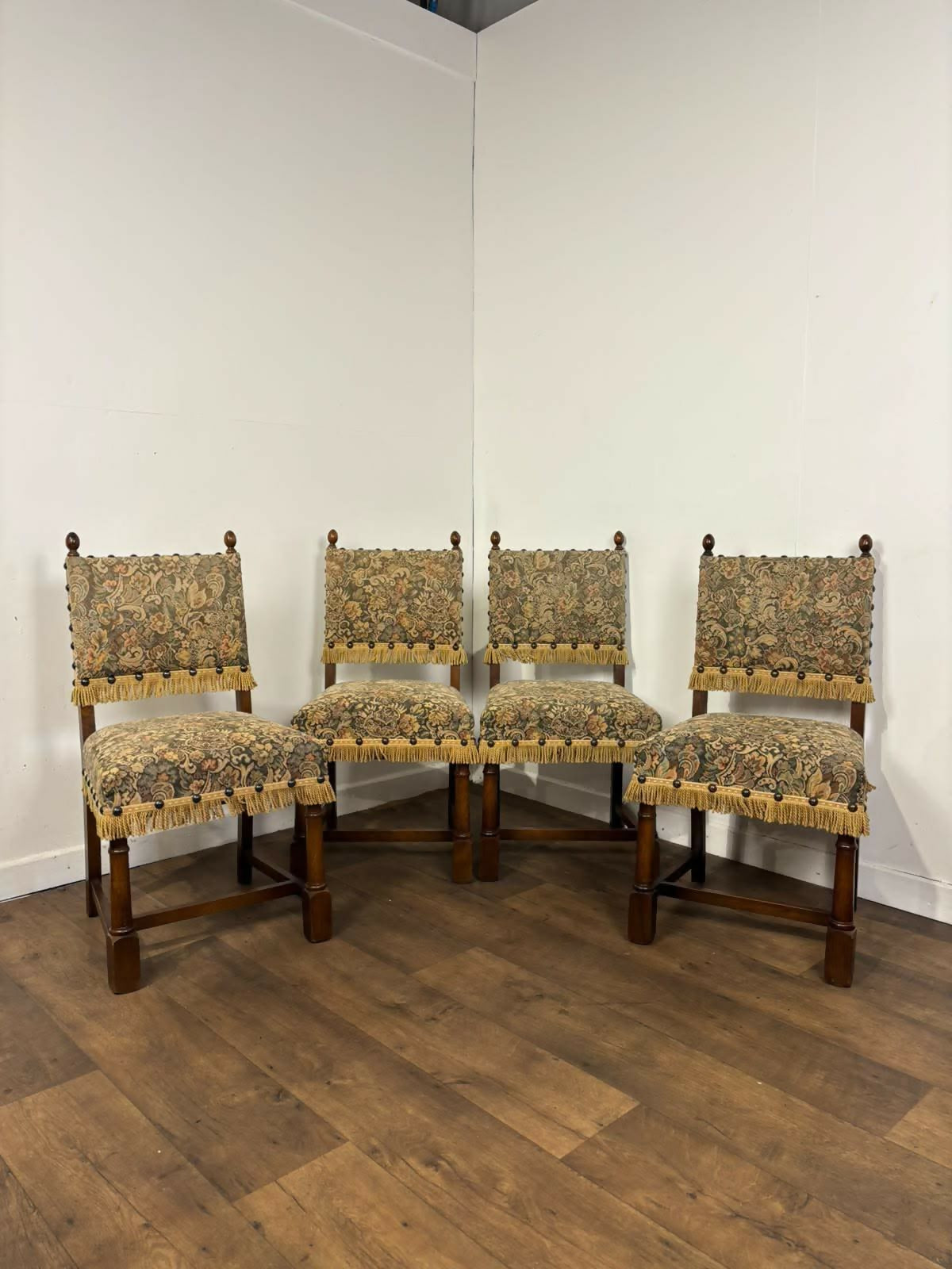 Set of Four Vintage Oak Upholstered Dining Chairs
