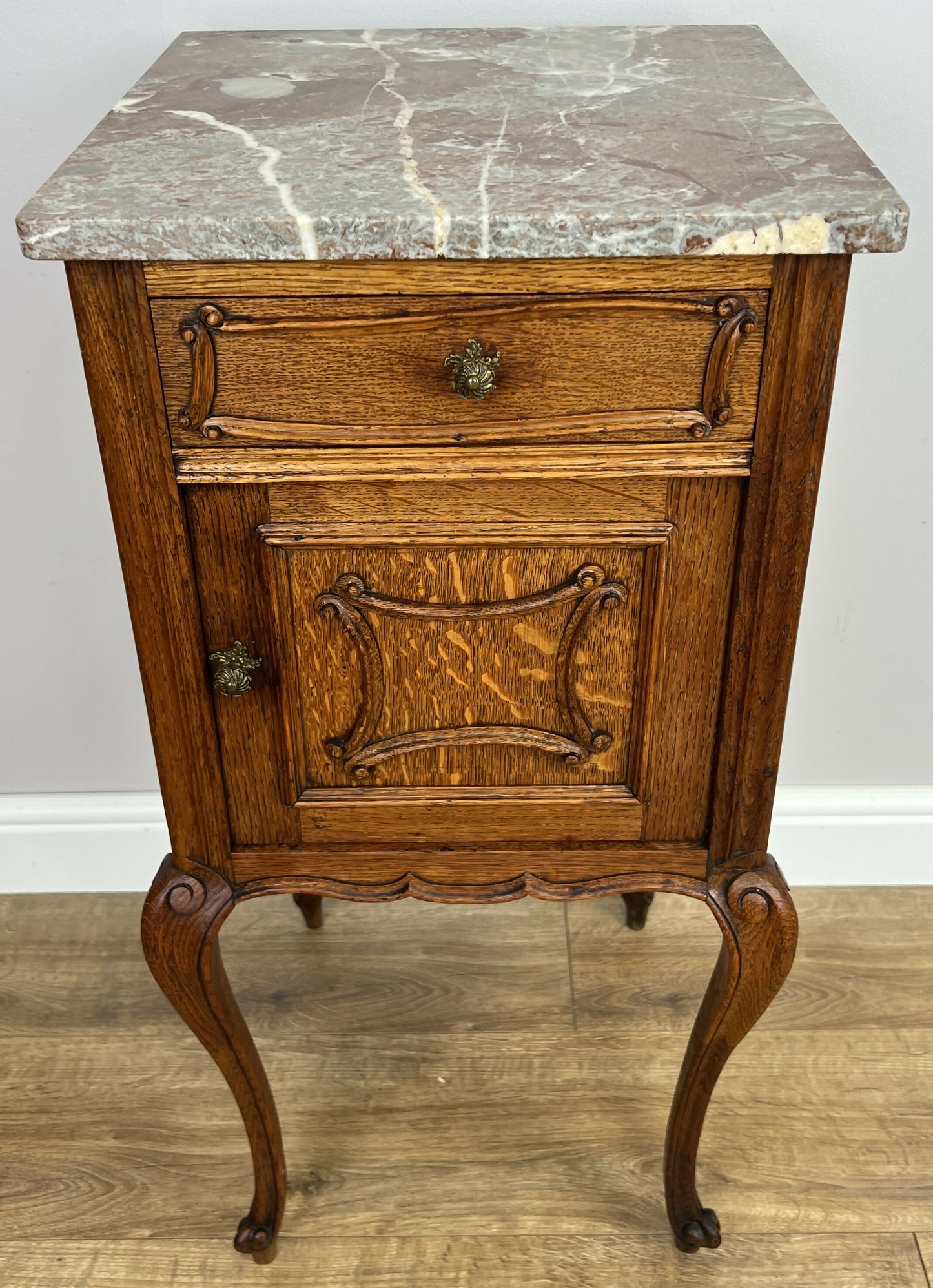 Bedside Table Antique French Marble Top Oak Cabinet Carved Cupboard LOT 6394
