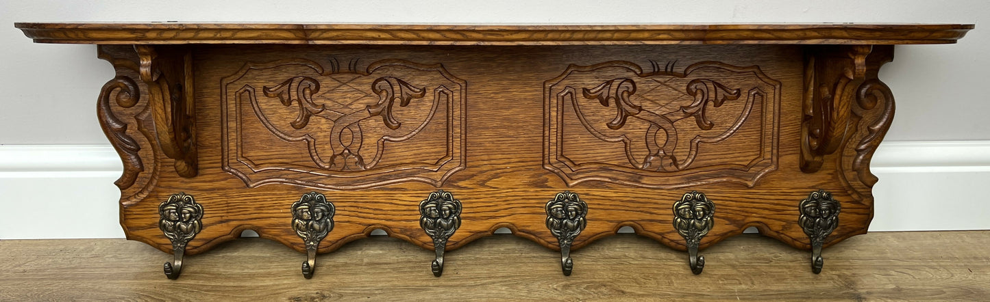 Coat Rack Vintage French Carved Oak Wall Mounted 6 Hooks Rack Hanger LOT 6227
