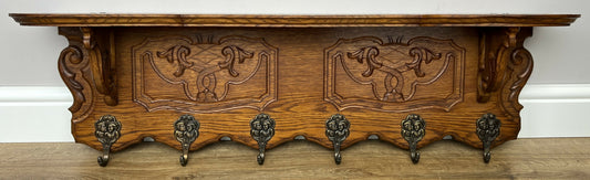 Coat Rack Vintage French Carved Oak Wall Mounted 6 Hooks Rack Hanger LOT 6227