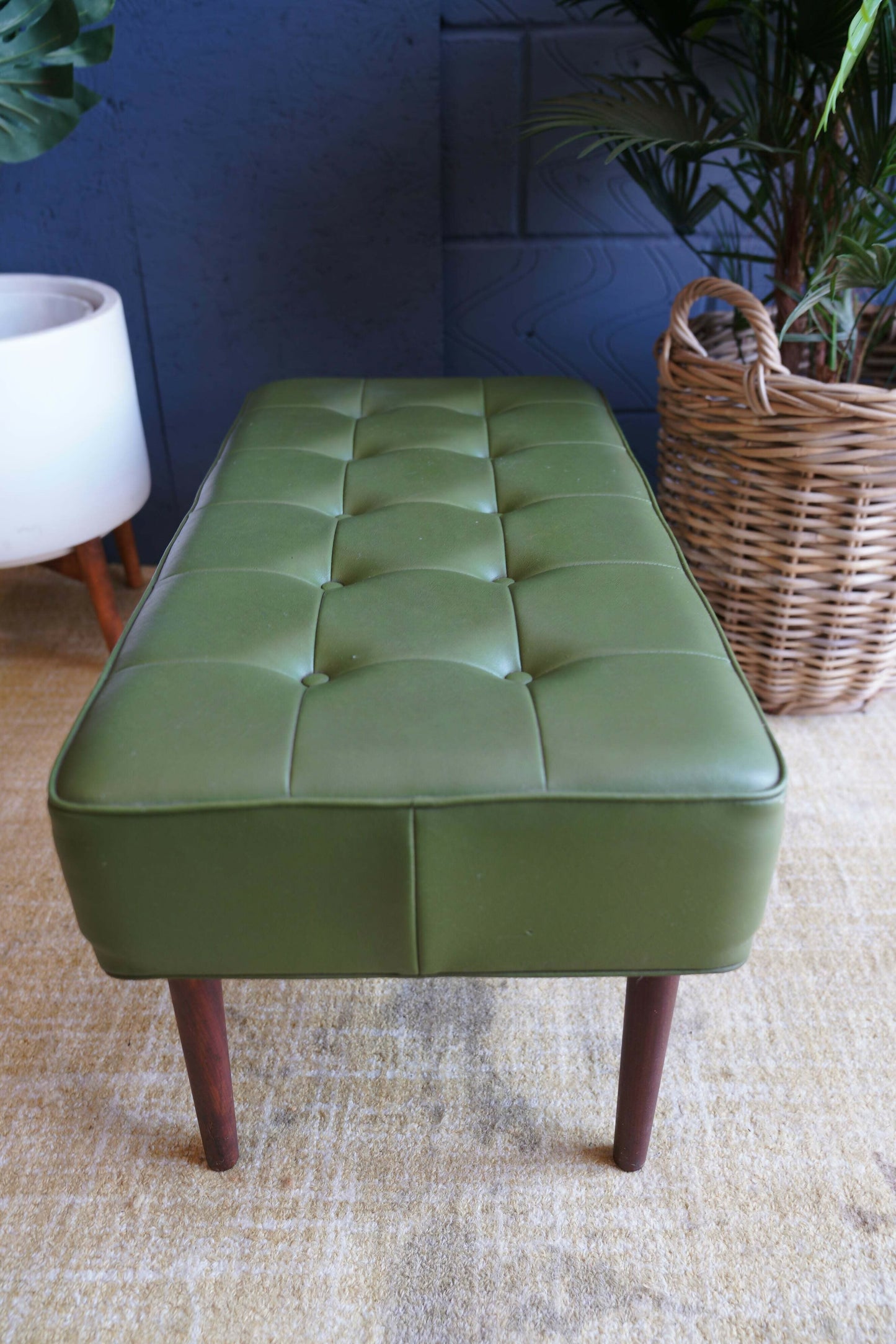 Mid Century Modern Olive Green Vinyl Bench Stool With Tapered Legs