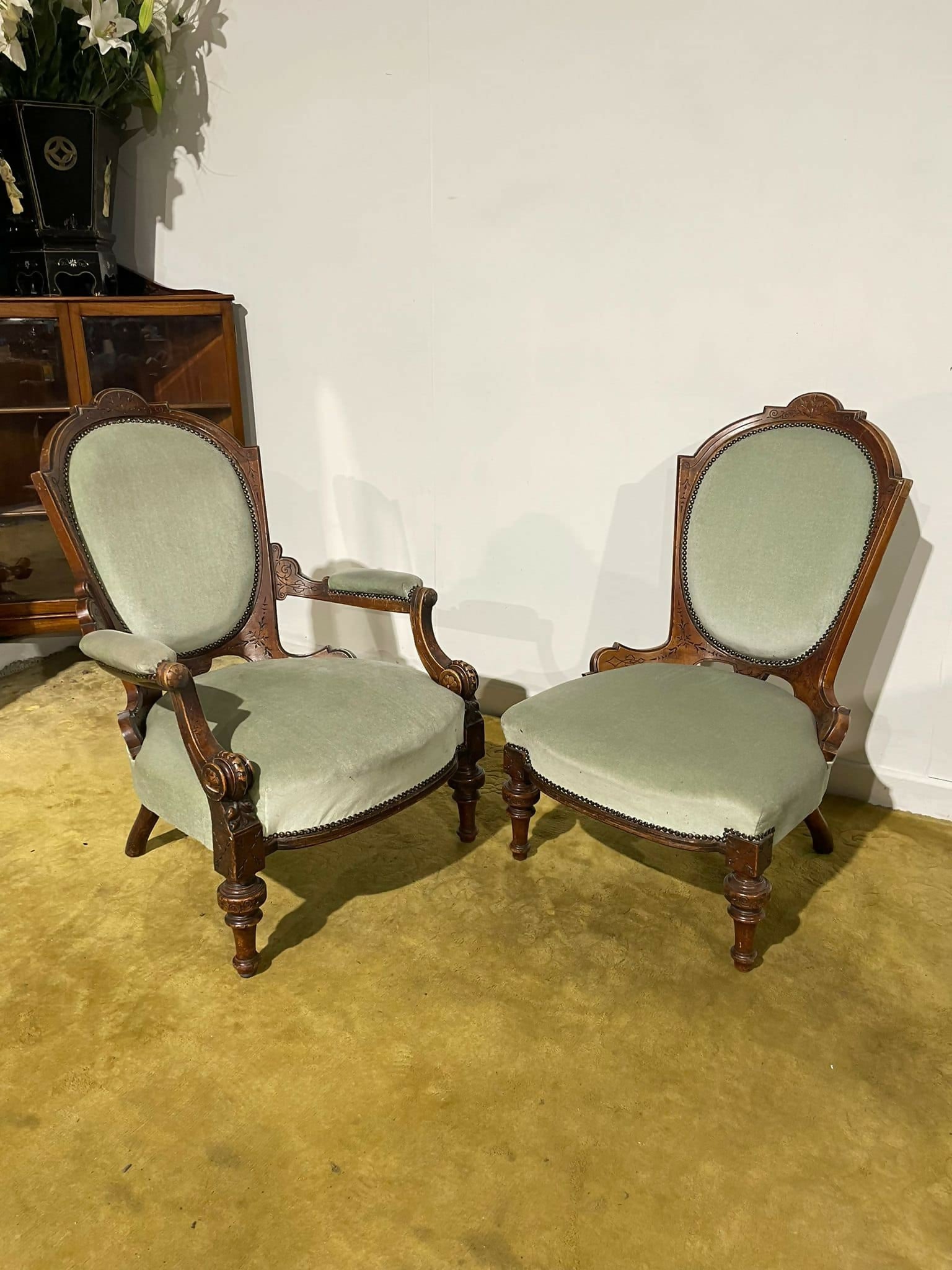 Pair Of Antique Beech Framed Drawing Room Chairs