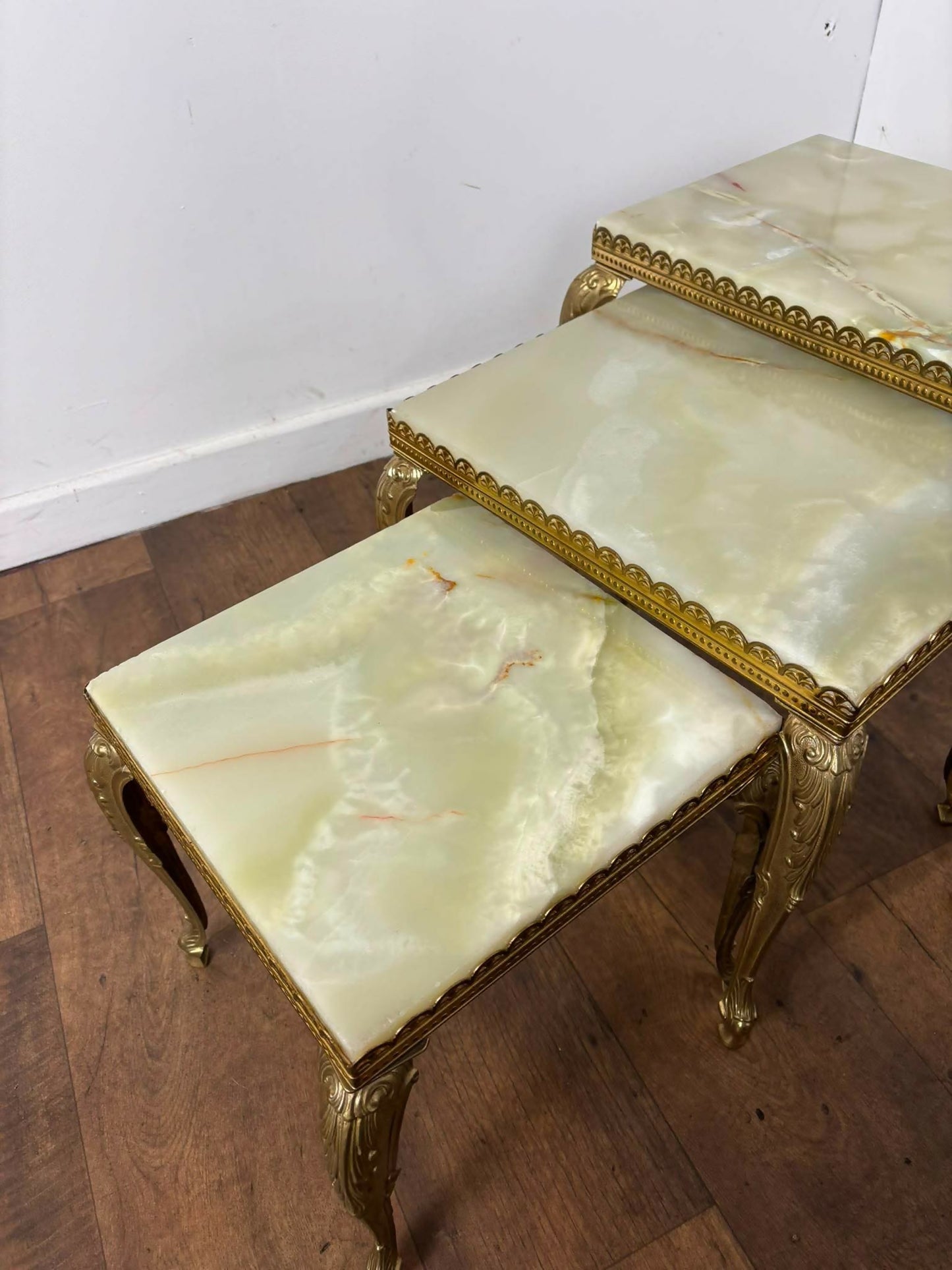 Mid-Century Italian Style Gilt Metal & Onyx Nest of Three Tables