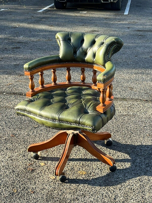 Captains Chair, Green Leather Buttoned Back Swivel Desk Chair