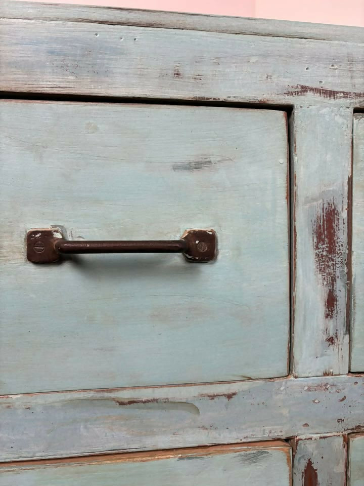 Vintage Indian Reclaimed Rustic Sideboard With 18 Drawers - In Duck Egg Blue