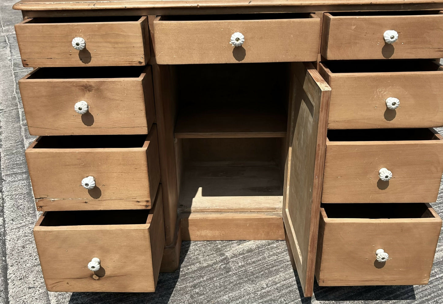 Antique Victorian Pine Kneehole Writing Office Desk With Central Cupboard