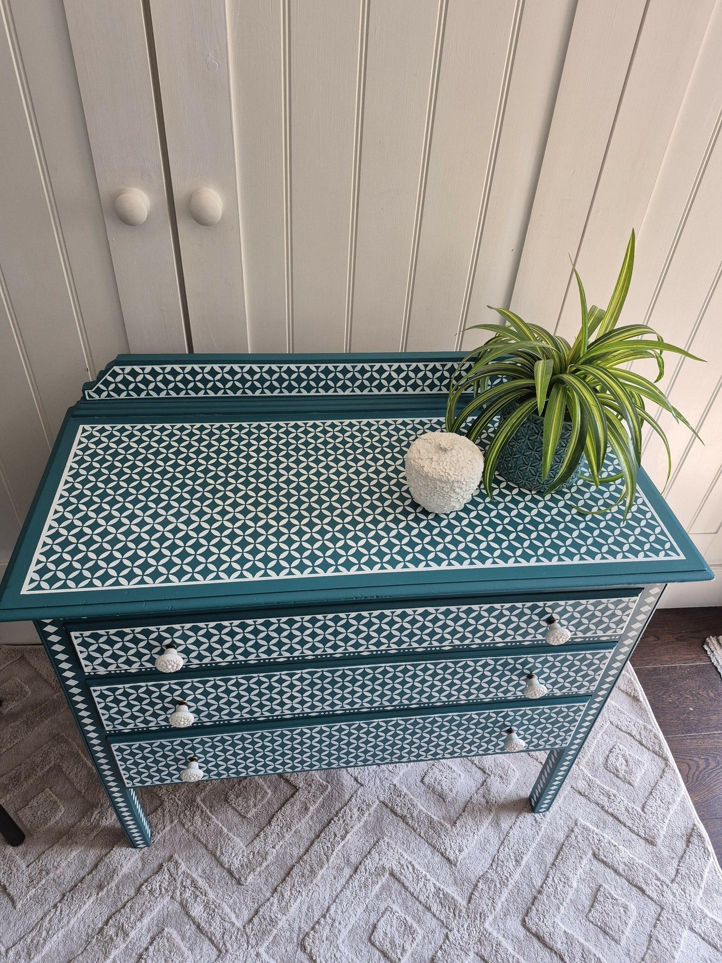 SOLD - Hand Painted Vintage Chest of Drawers: Hand-Stencilled Indian Inlay Inspired Furniture