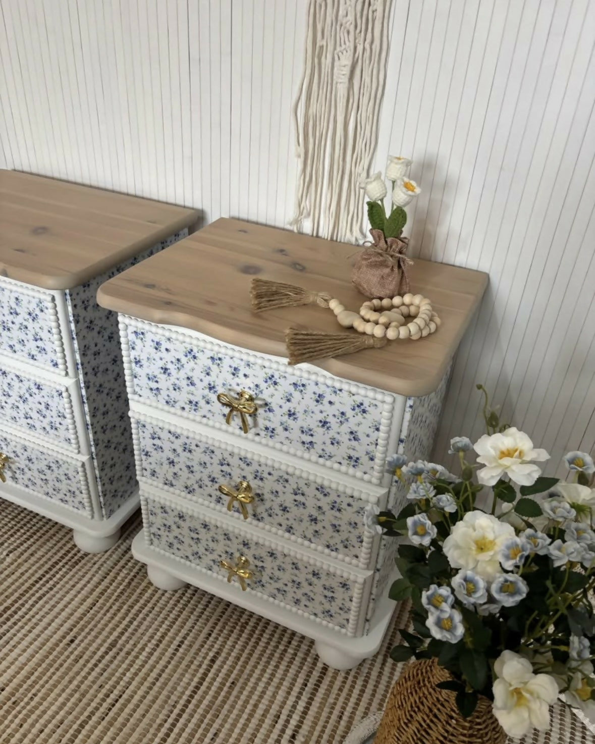 Pair of pine bedside drawers featuring floral decoupage